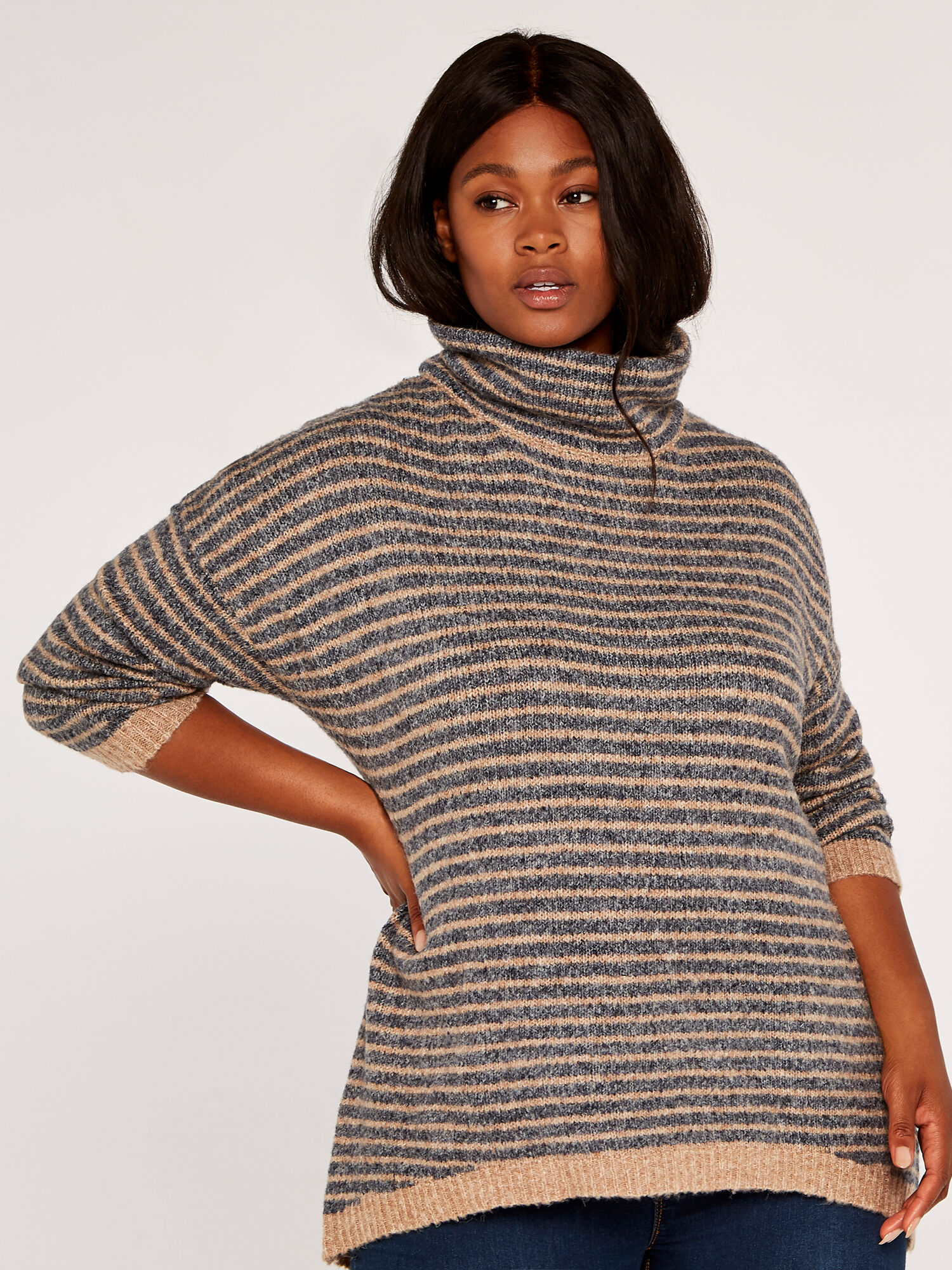 Curve High Neck Stripe Boucle Jumper Apricot Clothing
