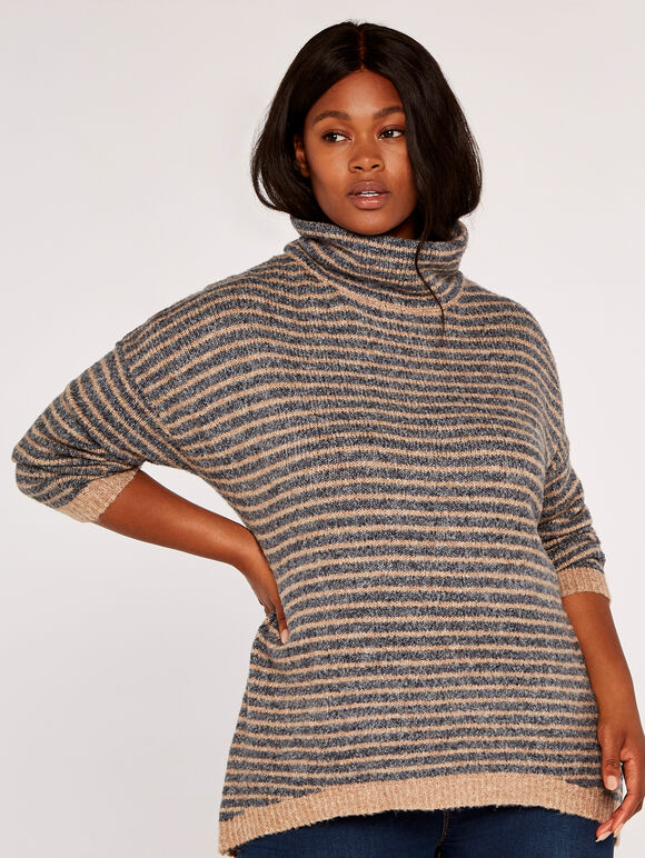 Curve High Neck Stripe Boucle Jumper, Grey, large