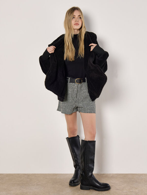 Fleece Waterfall Hooded Cardigan, Black, large