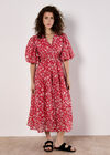 Rose Print Tiered Midi Dress, Red, large