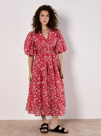 Rose Print Tiered Midi Dress