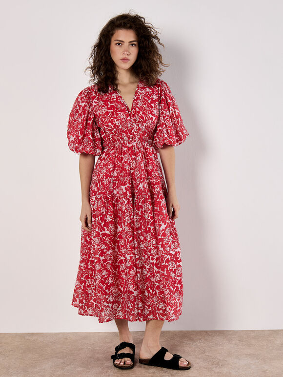 Rose Print Tiered Midi Dress, Red, large