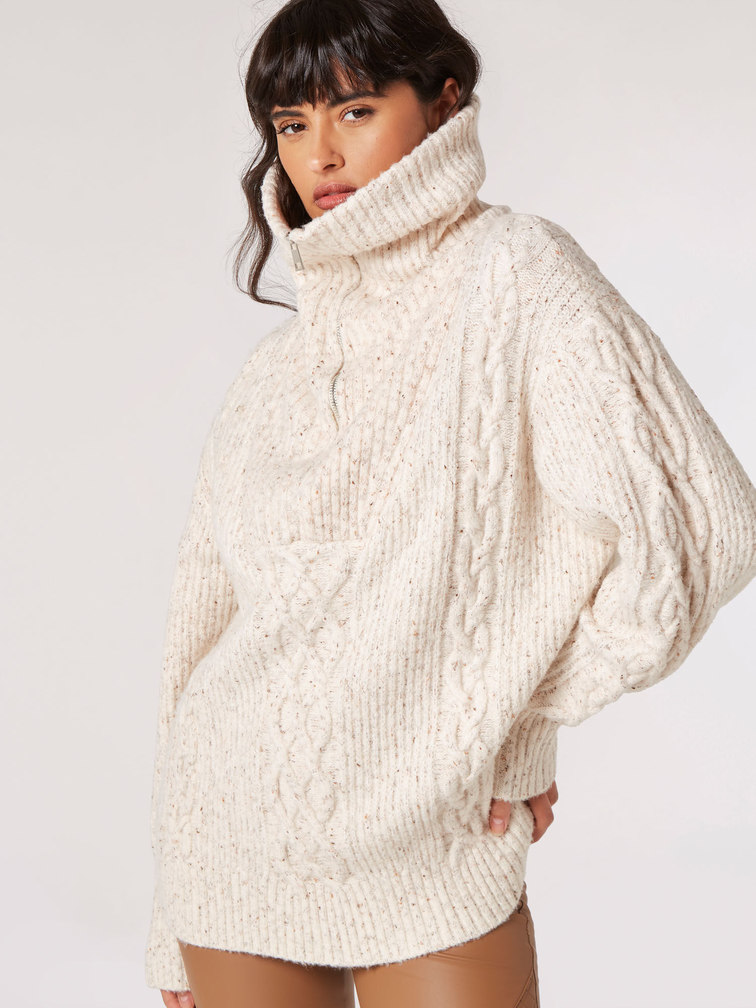 Chunky Cable Knit Zip Neck Jumper Apricot Clothing