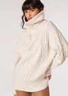 Chunky Cable Knit Zip Neck Jumper, Stone, large