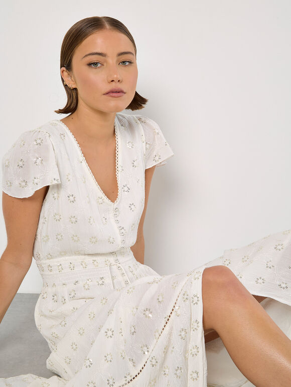 Embroidered Sequin Maxi Dress, White, large