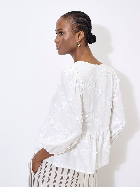 Floral Applique Tie Front Top, White, large