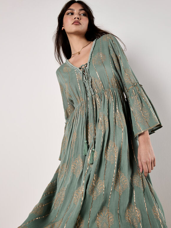 Metallic Paisley Boho Maxi Dress, Mint, large
