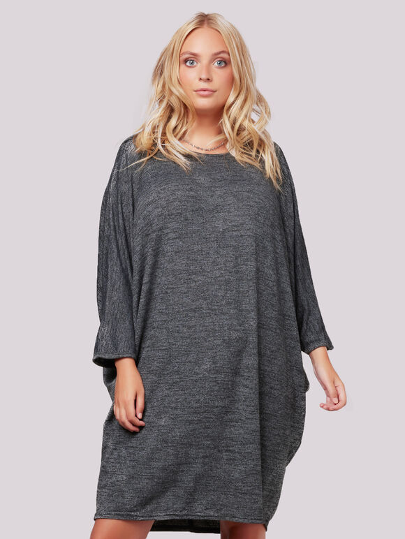 V Back Marl Batwing Cocoon Dress+, Dark Grey - Charcoal, large