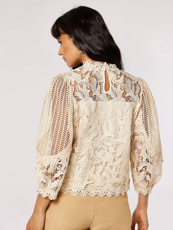Puff Sleeve Floral Lace Top, Stone, large