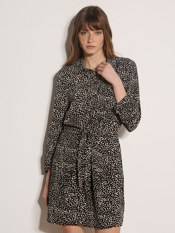 Irregular Spot Crepe Shirt Mini Dress, Black, large