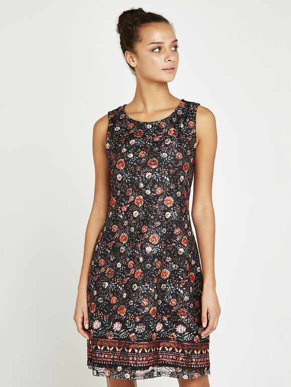 Floral Spring Lace Shift Dress, Black, large