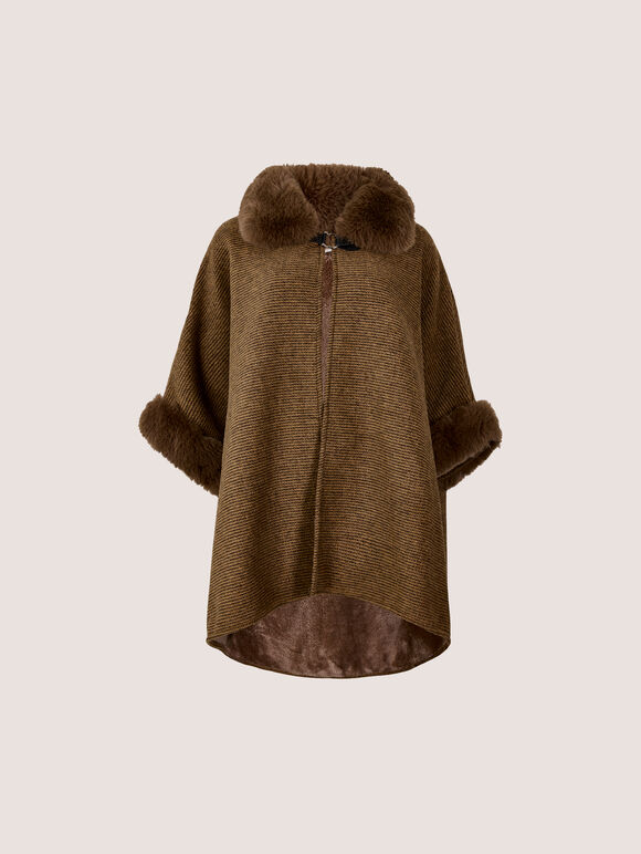 Textured Faux Fur Trim Cape, Brown, large