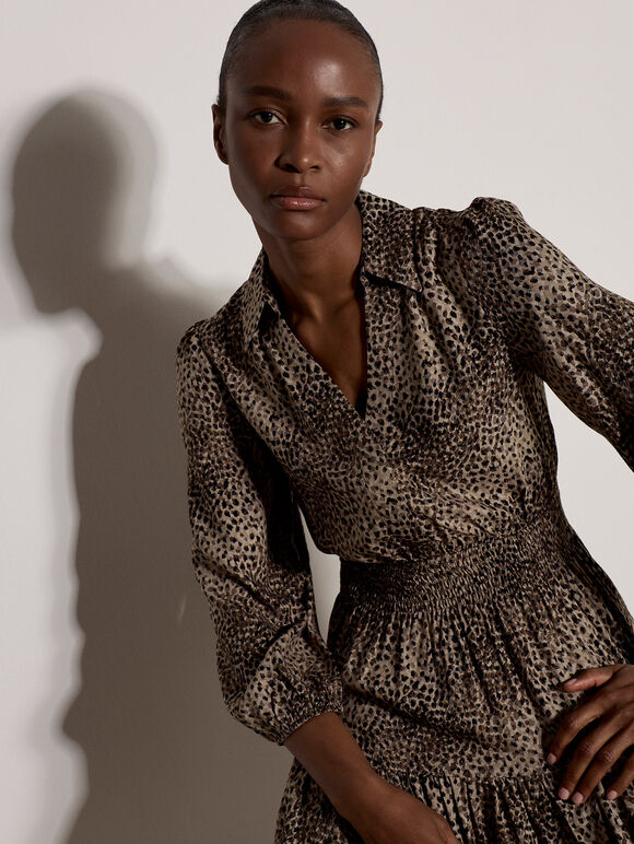 Blurred Spot Shirt Mini Dress, Mocha, large