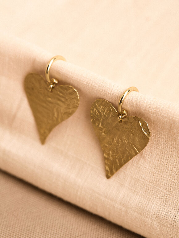 Gold Tone Hammered Heart Earrings, Gold, large