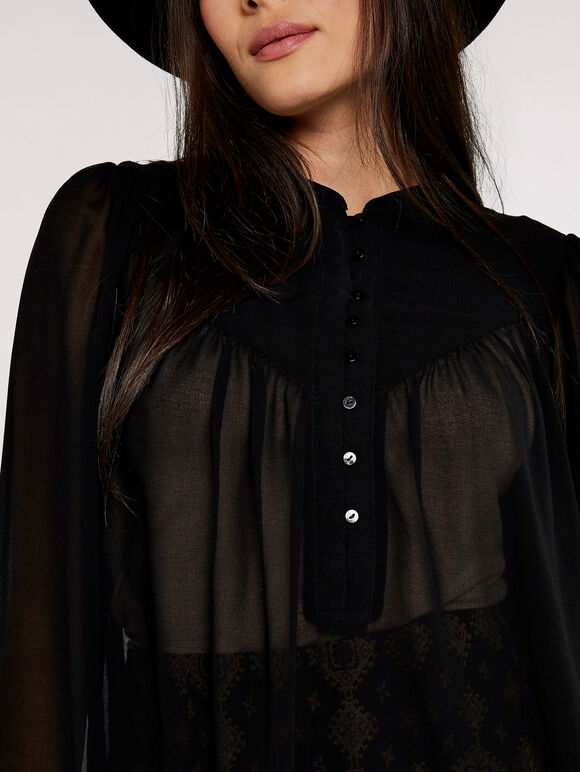 Layered V Neck  Blouse, Black, large