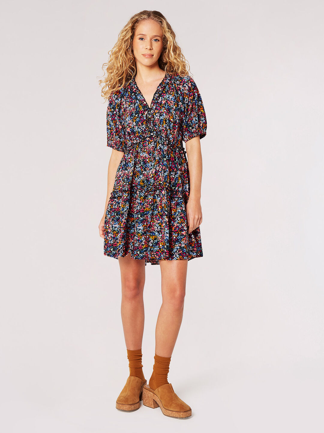 Image of Watercolour Floral Ruffle Mini Dress