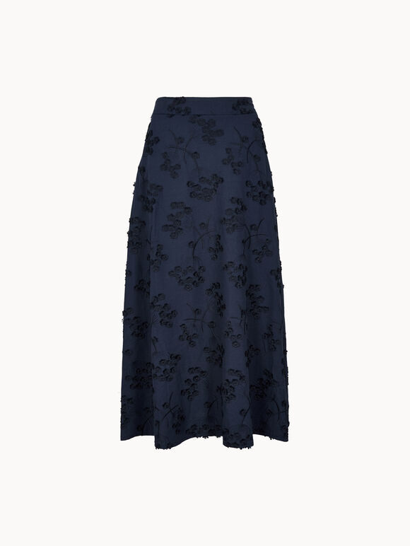 Embroidered Floral Linen Blend Midaxi Skirt, Navy, large
