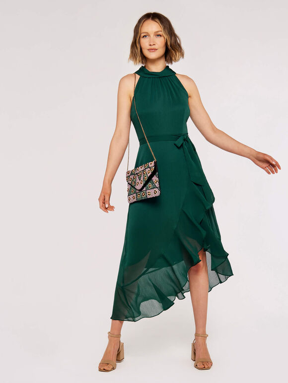 Halter Neck Ruffle Dress, Green, large