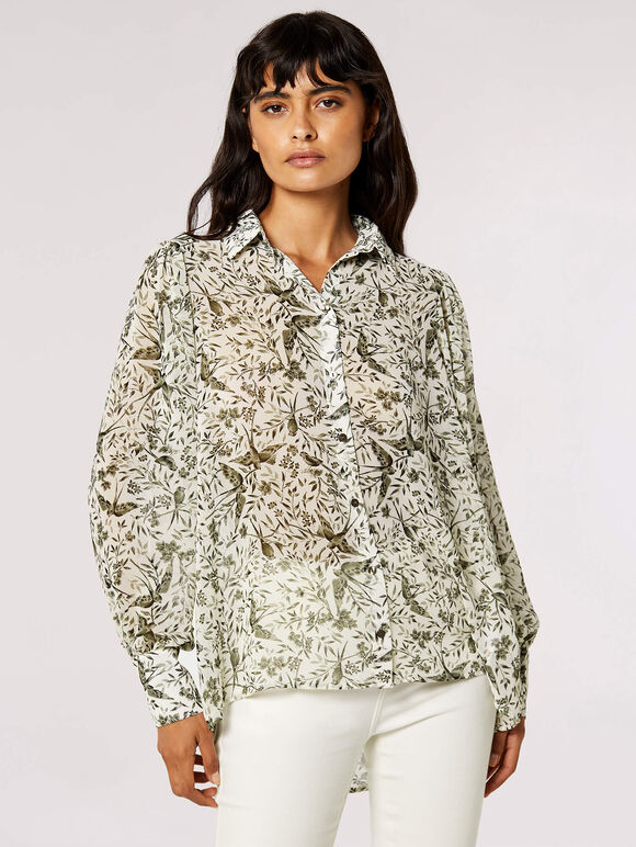 Illustrated Birds Chiffon Shirt, Cream, large