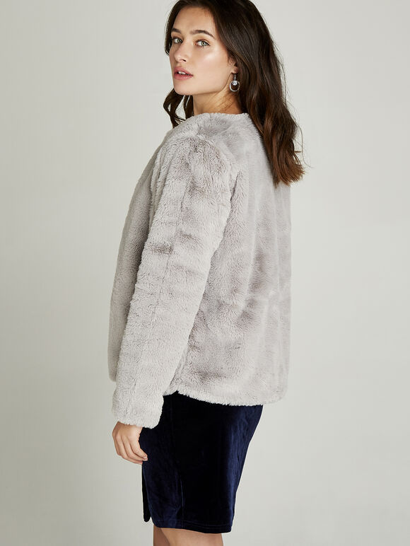 Faux Fur Short Crop Jacket, Light Grey / Silver, large