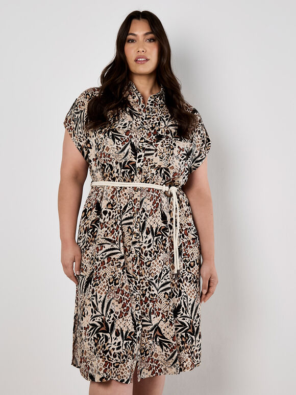 Mixed Animal Print Shirt Midi Dress, Stone, large