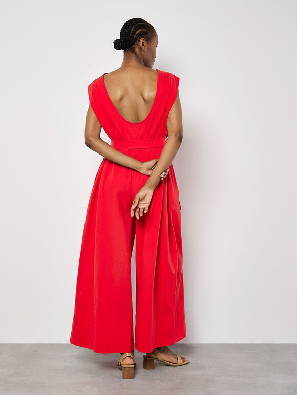 Wide Leg Cotton Jumpsuit, Red, large