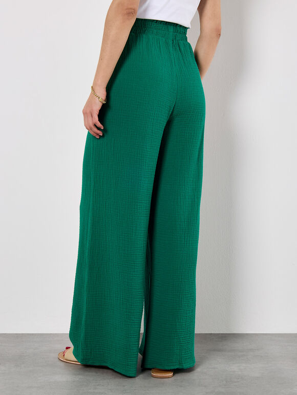 Textured Cotton Wide Leg Trousers, Green, large
