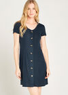 Ribbed Button Down Front Dress, Navy, large