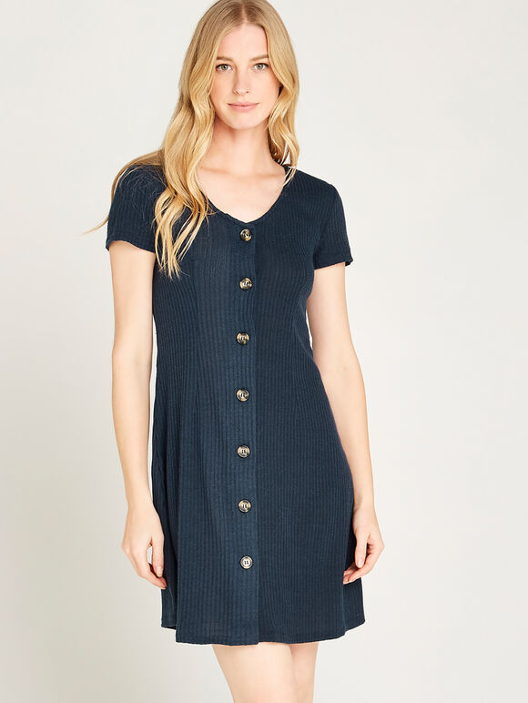 Ribbed Button Down Front Dress, Navy, large