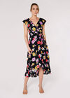 Floral Wrap Midi Dress, Black, large