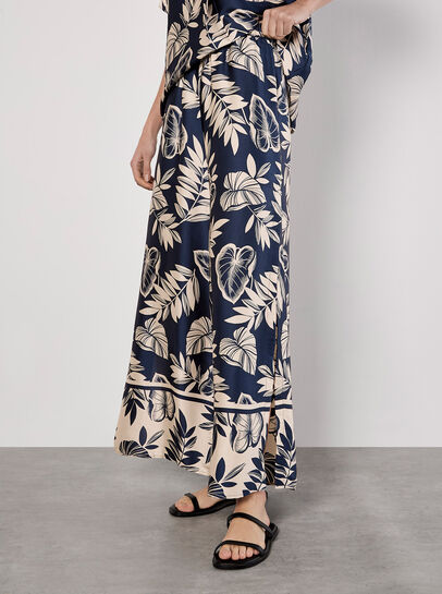 Tropical Leaf Print Satin Wide Leg Trousers