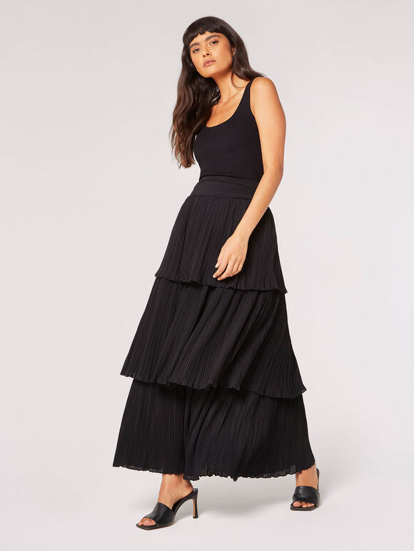 Plisse Cotton Tiered Maxi Skirt, Black, large