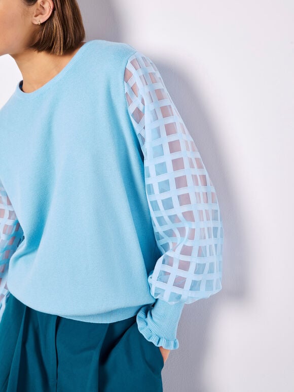 Contrast Organza Sleeves Jumper, Sky Blue, large