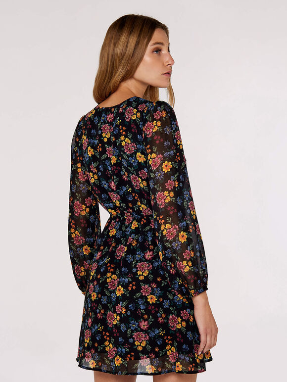 Brushed Floral Wrap Dress, Black, large