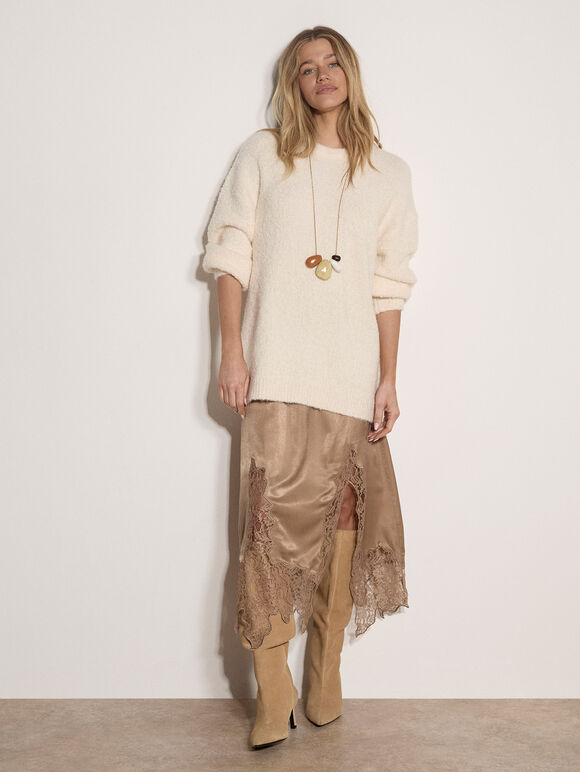 Soft Boucl&eacute; Oversized Long Jumper, Cream, large