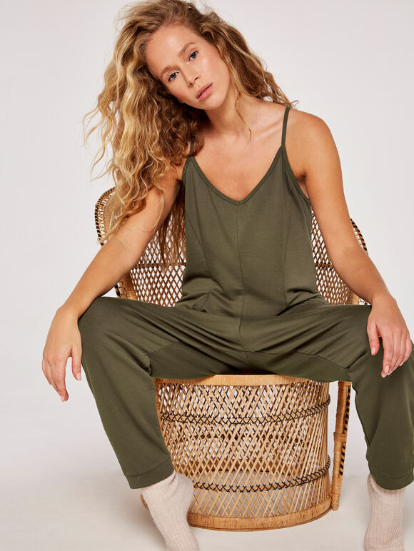 Sweatshirt Strappy Jumpsuit, Khaki, large