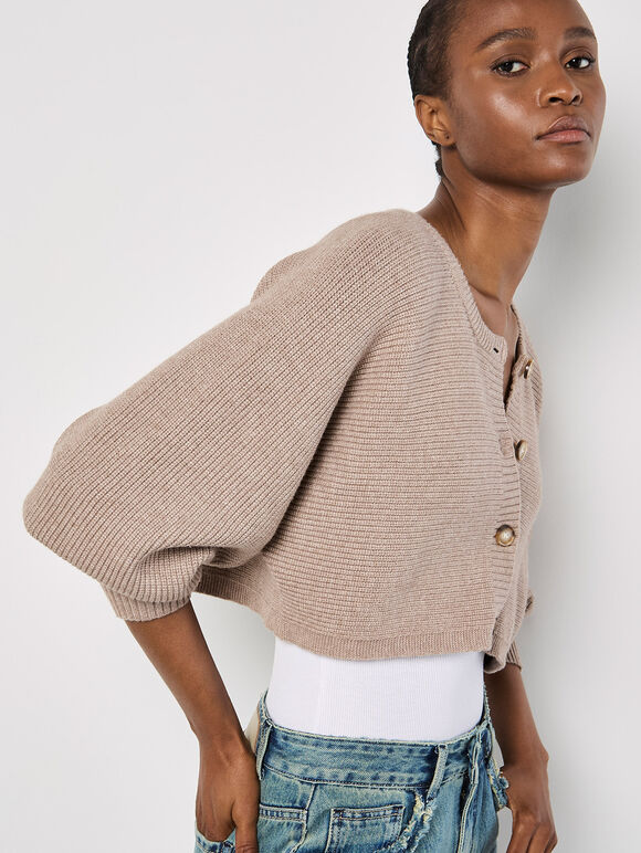 Ribbed Knit Cropped Cardigan, Brown, large