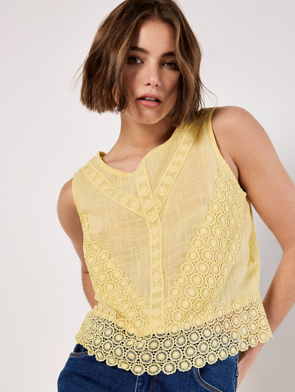 Cotton Lace Bow Top, Yellow, large