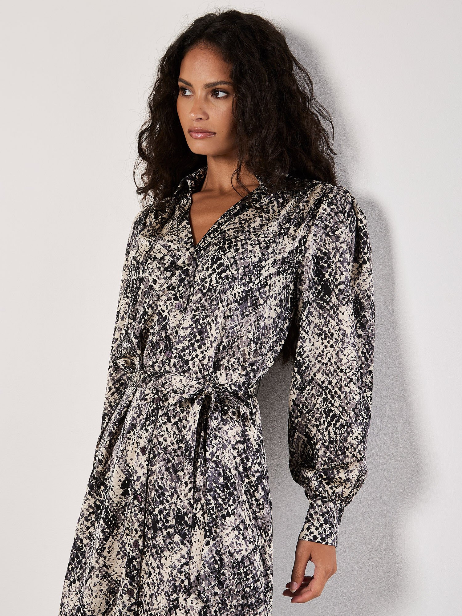 Snakeskin Print Satin Shirt Midi Dress Apricot Clothing