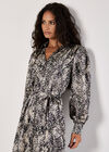 Snakeskin Print Satin Shirt Midi Dress, Grey, large