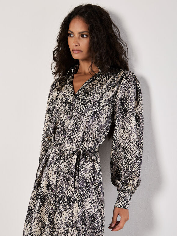 Snakeskin Print Satin Shirt Midi Dress, Grey, large