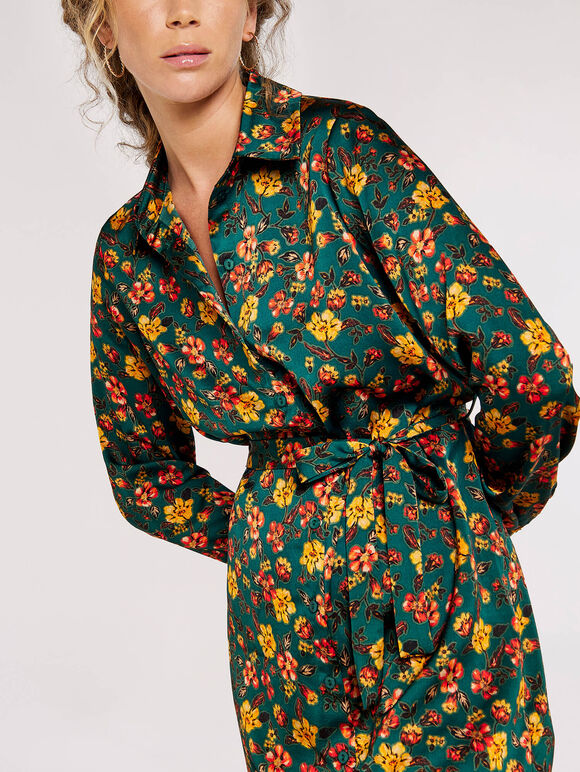 Floral Shirt Mini Dress, Green, large