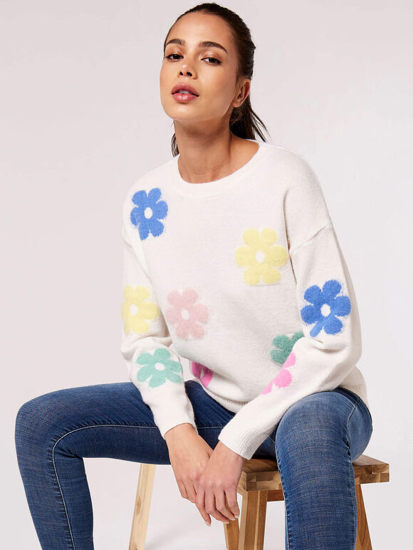 Multicolour Large Daisy Jumper, Cream, large