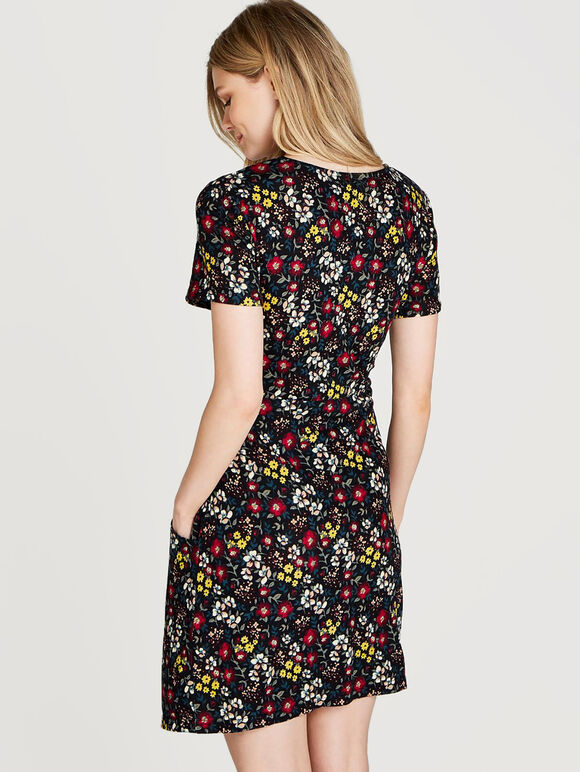 Black Ditsy Floral Print Dress, Black, large