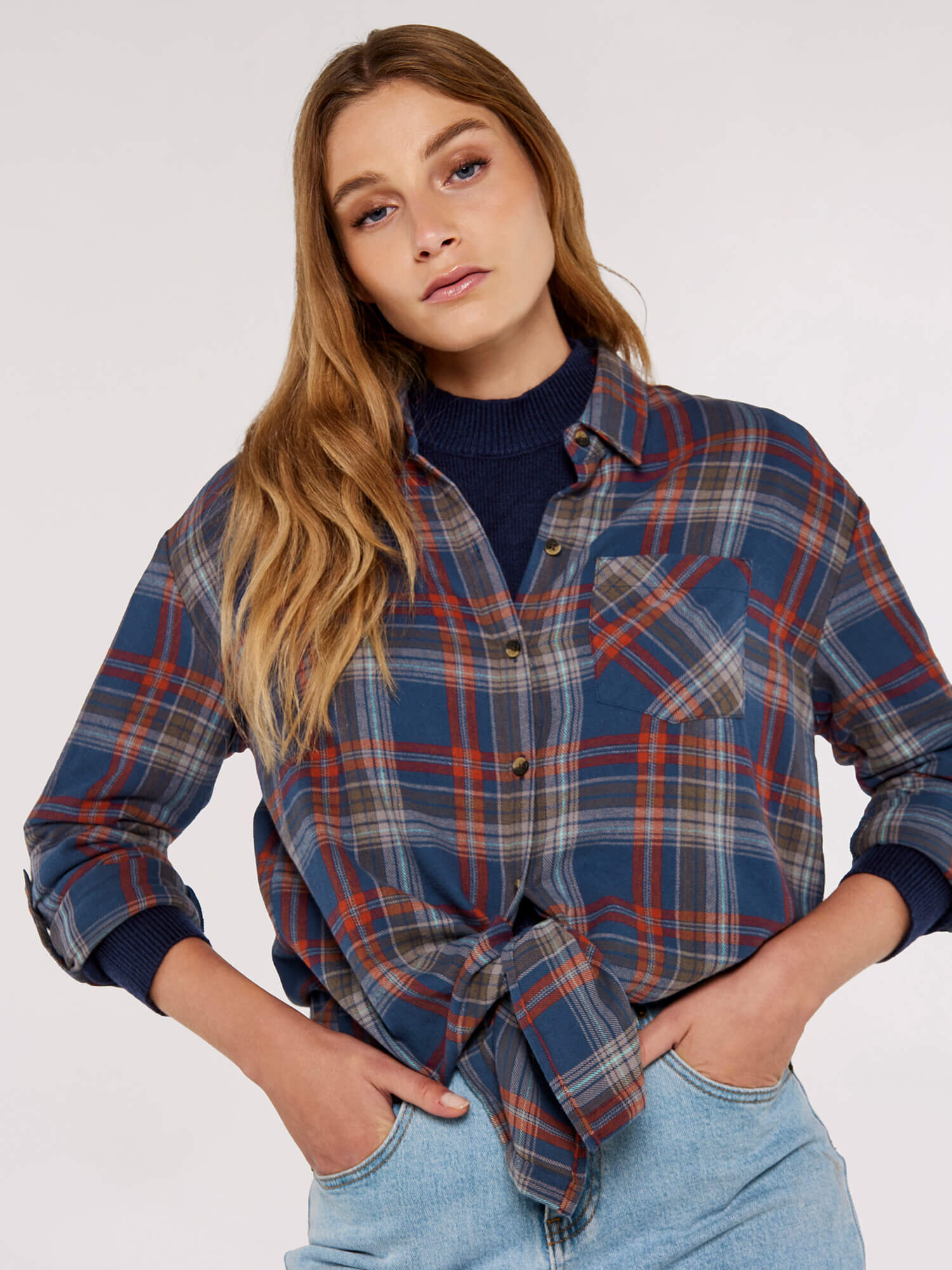 Checked Cotton Flannel Shirt Apricot Clothing