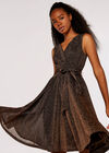 Metallic Pleat Skater Mini Dress, Brown, large