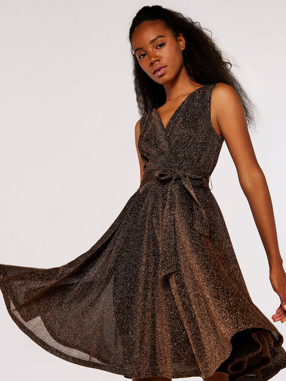 Metallic Pleat Skater Mini Dress, Brown, large
