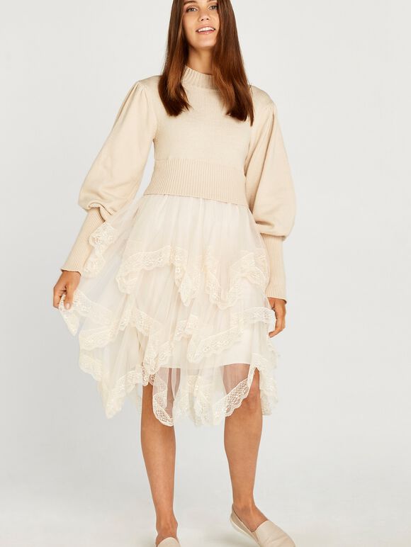 Mesh Skirt Jumper Dress, Stone, large