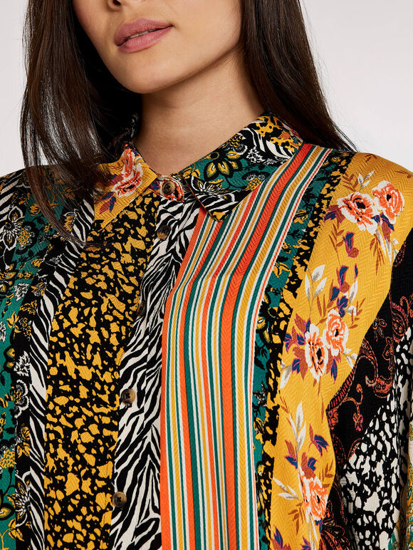 Patchwork Stripe Sleeve Shirt, Mustard, large
