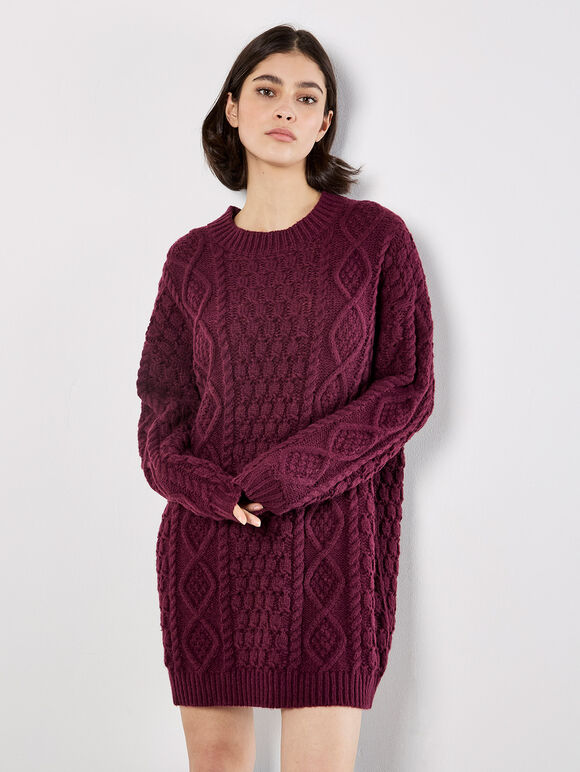 Cable Knit Oversized Jumper Mini Dress, Burgundy, large